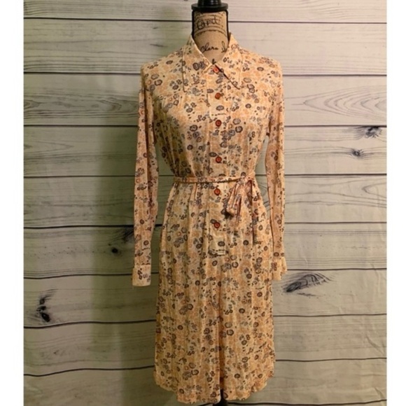 Vintage 70s 1970s Peach Floral Pointed Collar Button Down Dress Small - Picture 1 of 10